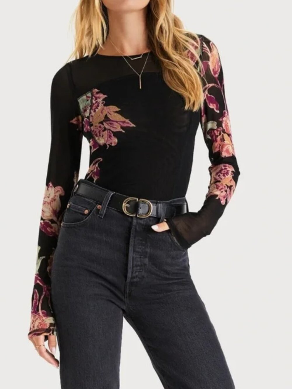 NEW Free People Betty's Garden Floral Mesh Top Small Black Combo